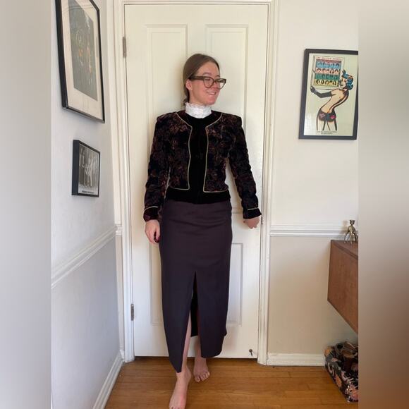 Vintage Jackets & Blazers - 90s Vintage Velvet Leaf Patterned Blazer w Gold Piping